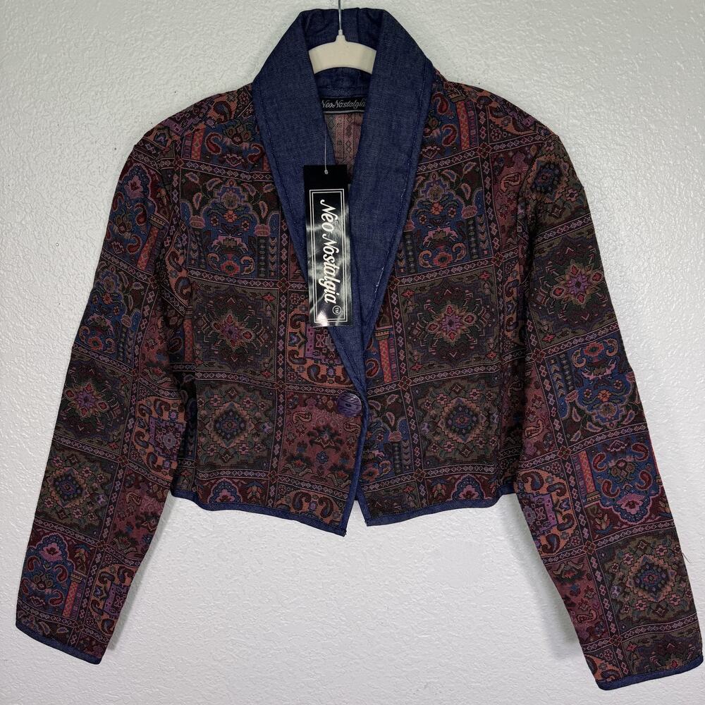 Vintage Tapestry Jacket Women Medium Crop Blazer Boho Shawl Collar Neo Nostalgia